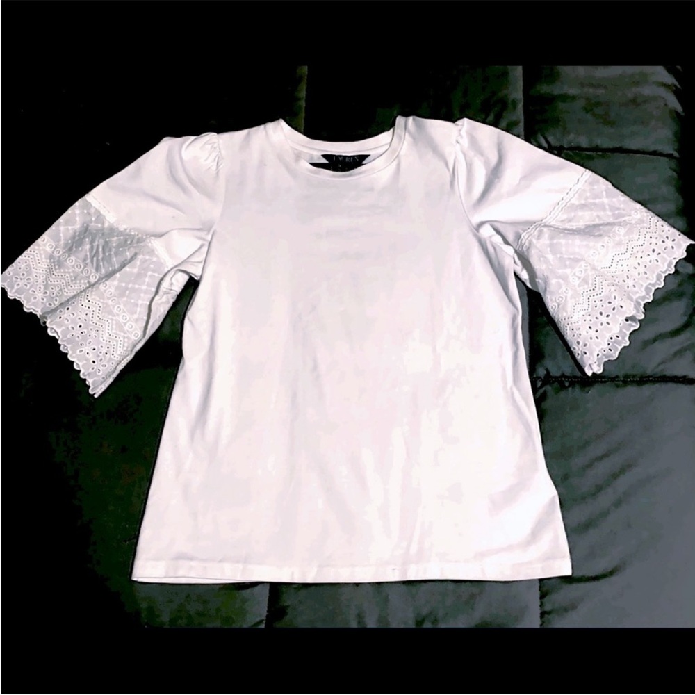 Lauren tee knit top eyelet flare sleeve cotton crew neck dressy t-shirt white XS